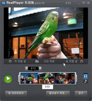비디오가 로드된 RealPlayer 트리머
